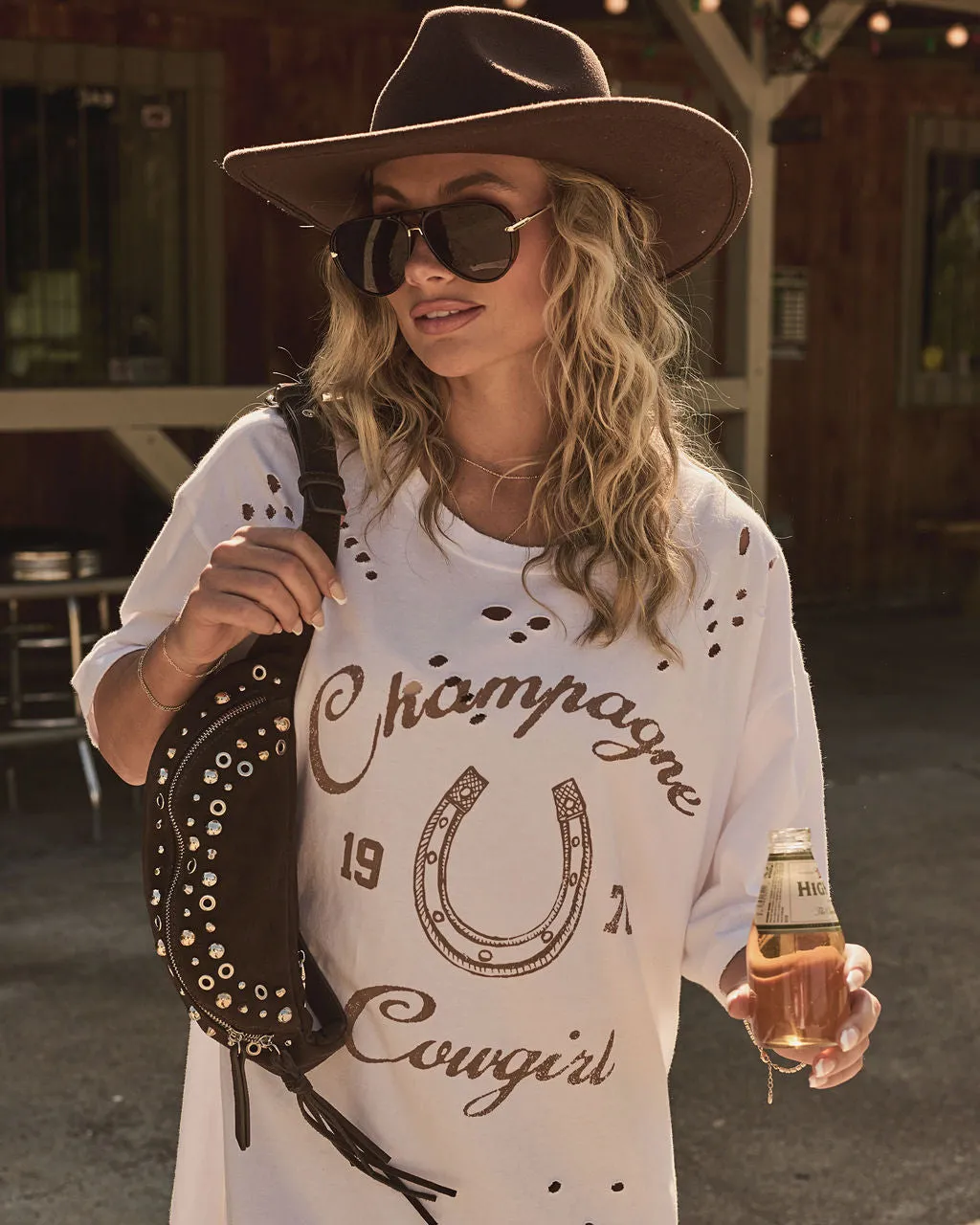 Champagne Cowgirl Cotton Graphic Short Sleeve Tee sold by Vici product image thumbnail 5