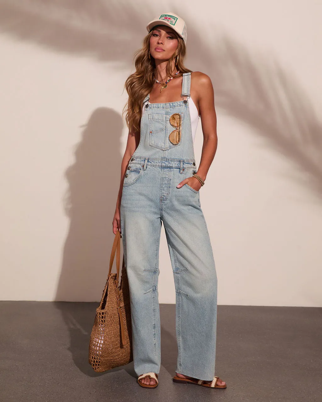 Summer Tide Denim Barrel Overalls sold by Vici