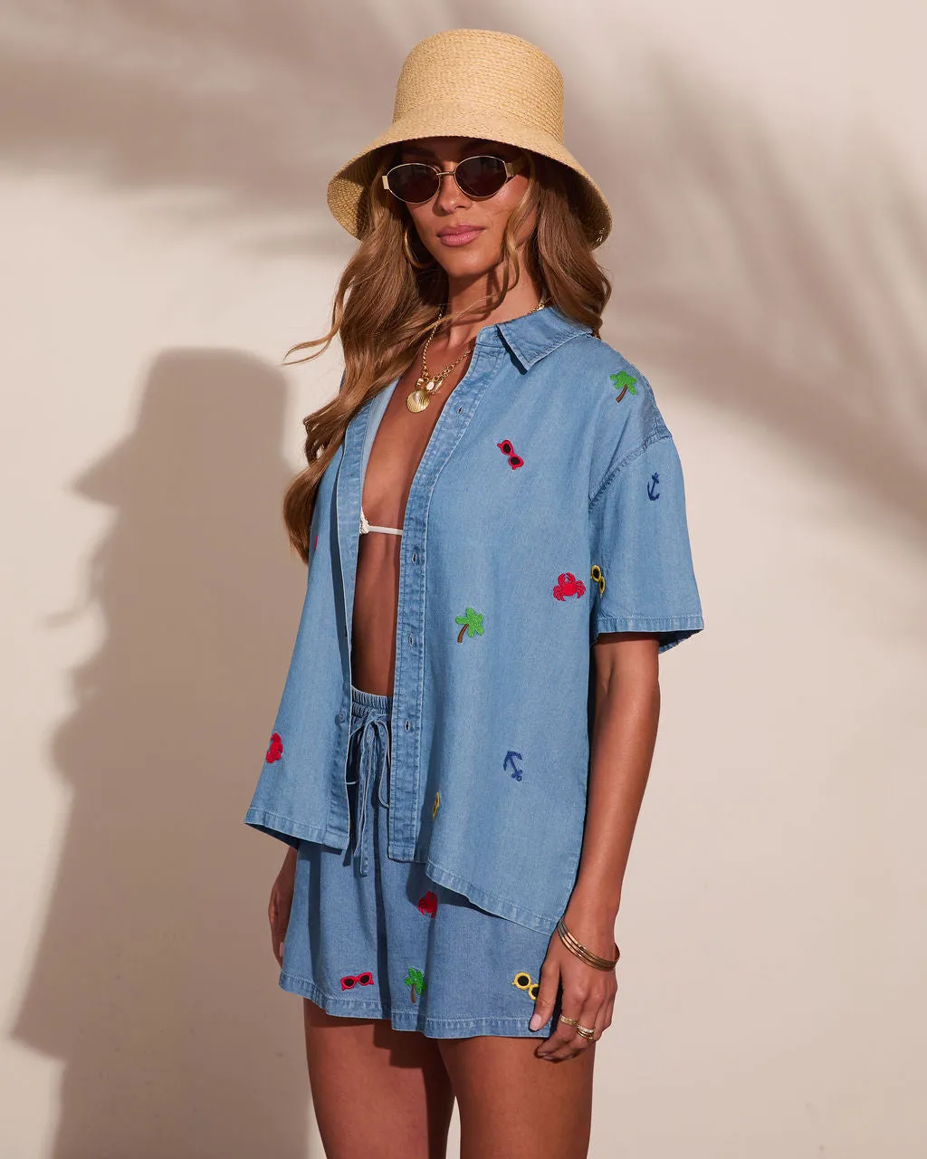 Sunset Escape Embroidered Chambray Button Down Top sold by Vici product image thumbnail 3