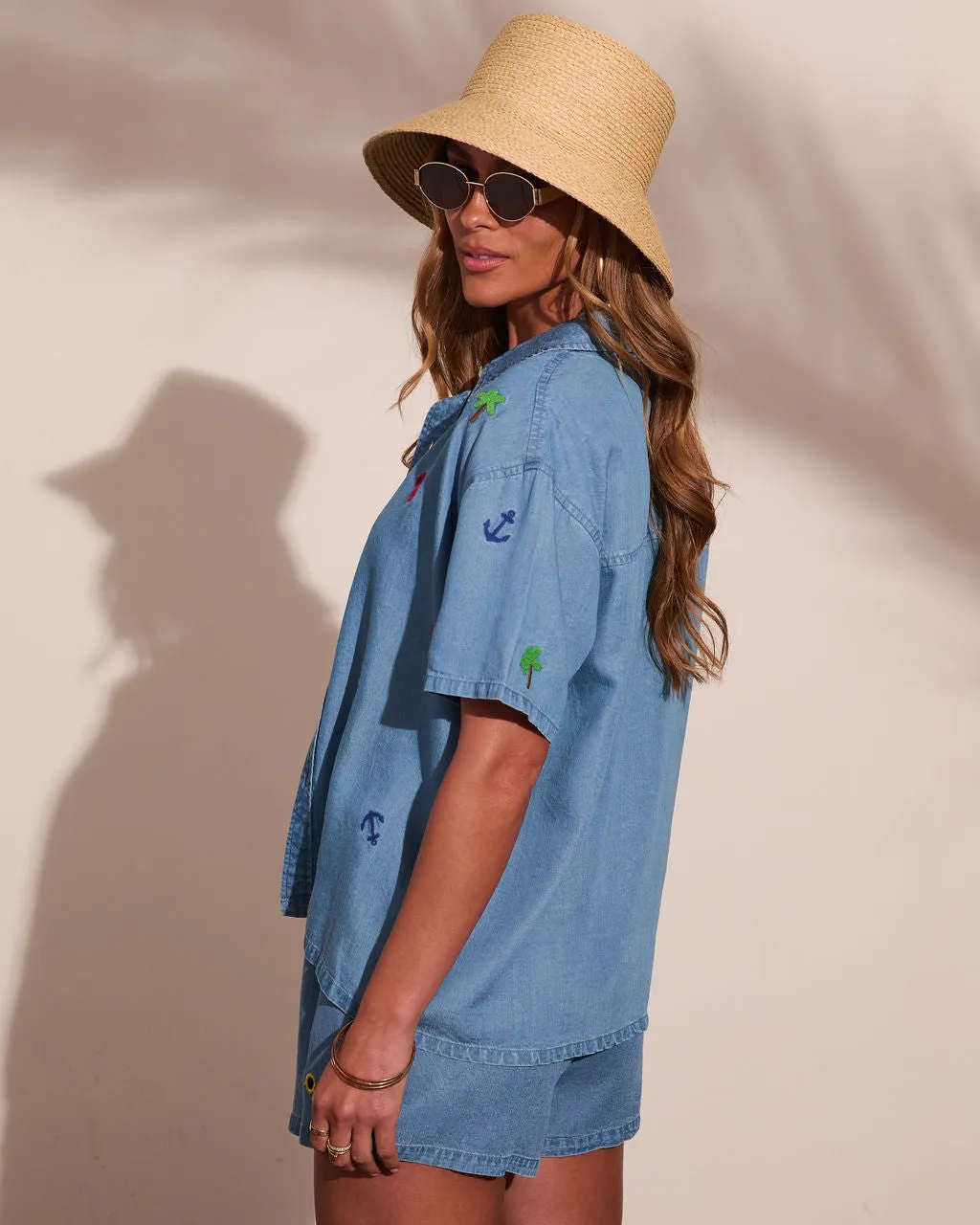 Sunset Escape Embroidered Chambray Button Down Top sold by Vici product image thumbnail 4