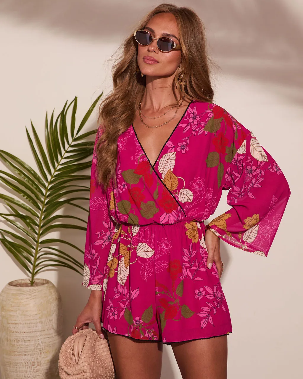 Evening Romance Tropical Floral Wrap Tie Romper sold by Vici