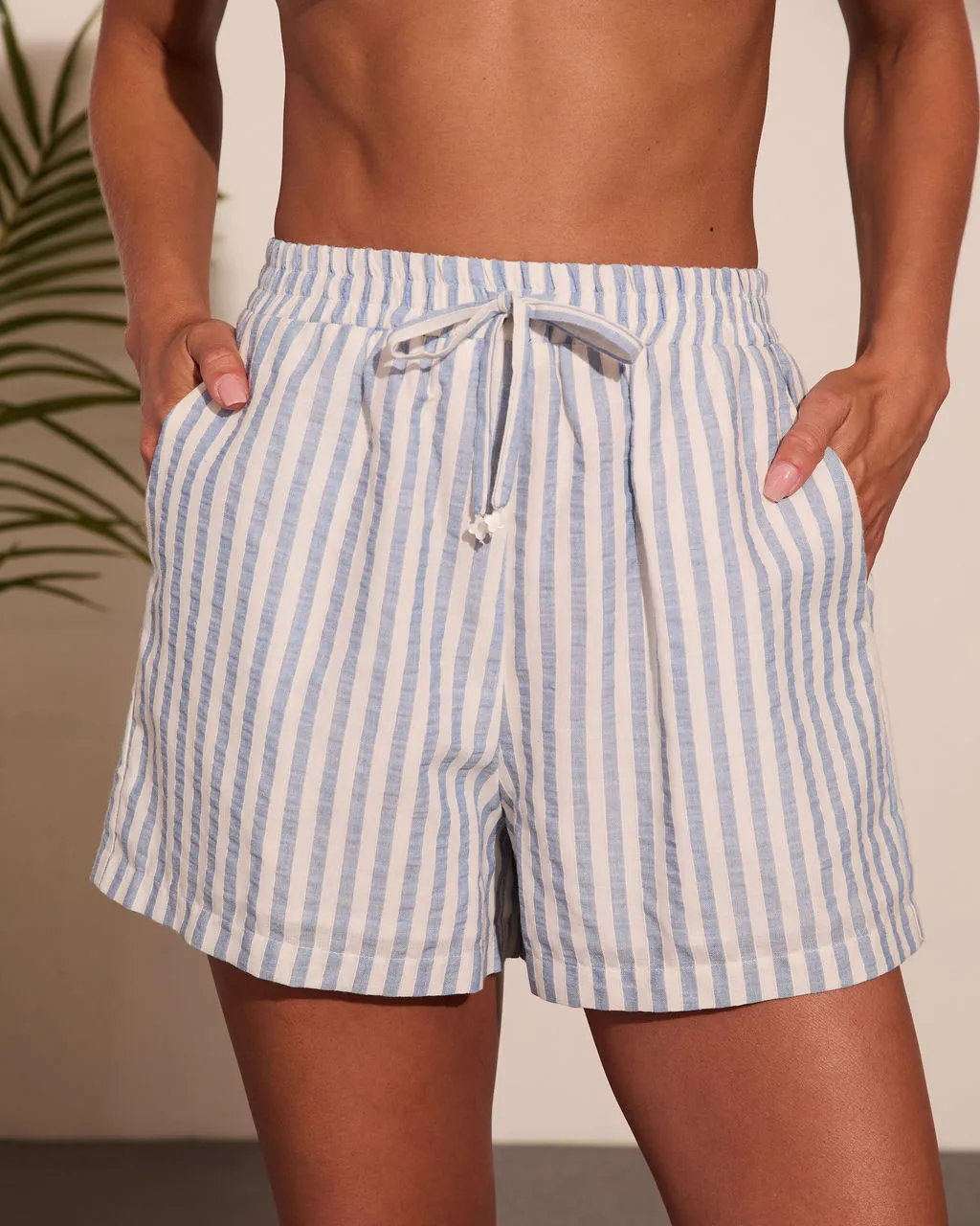 Pure Closet Linen Blend Striped Drawstring Mid Rise Shorts sold by Vici product image thumbnail 2