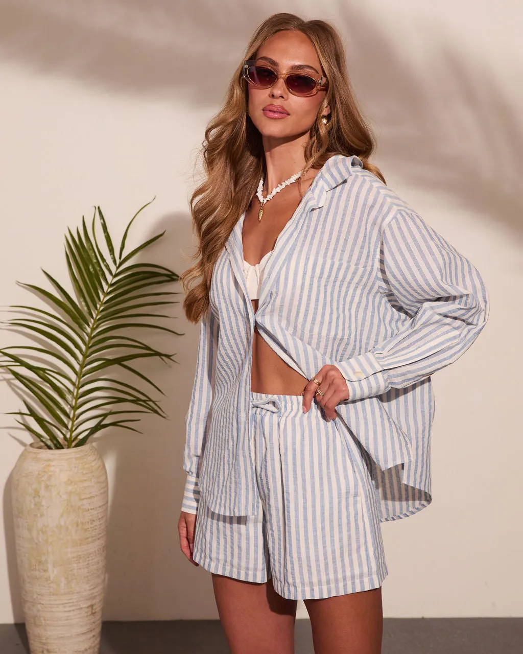 Pure Closet Linen Blend Striped Drawstring Mid Rise Shorts sold by Vici product image thumbnail 5