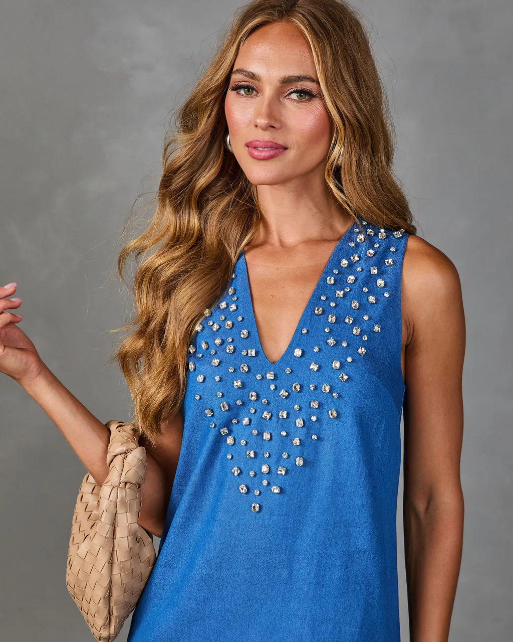 Bright Nights Embellished Denim Mini Dress sold by Vici product image thumbnail 5