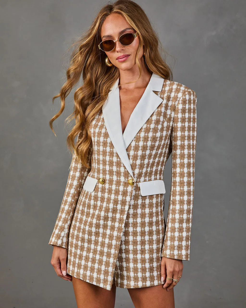Jules Tweed Plaid Blazer Romper sold by Vici