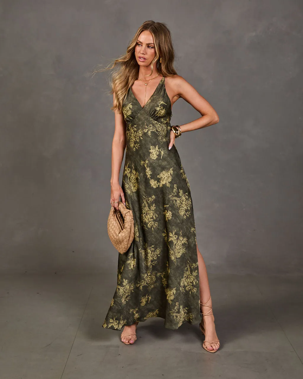 Meadow Magic Satin Floral Maxi Dress sold by Vici