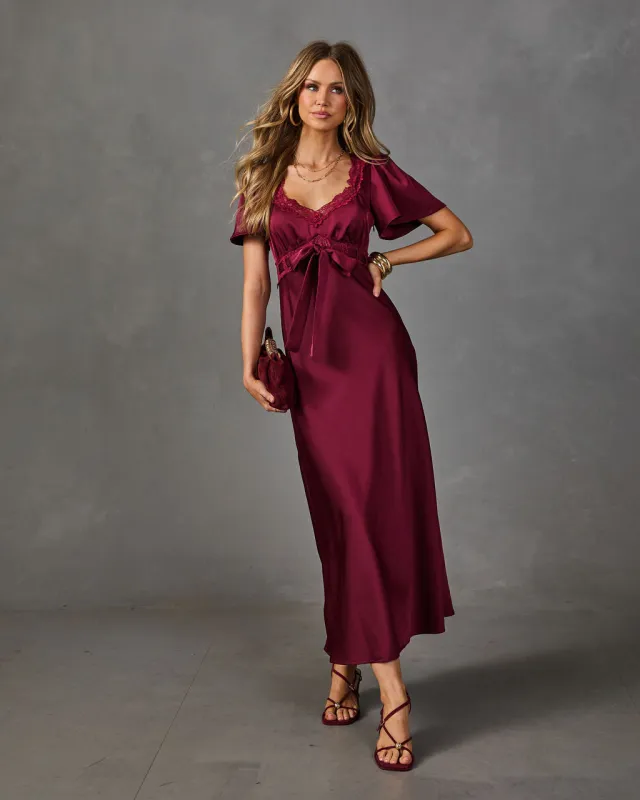 Natalya Satin Lace Trim Waist Tie Midi Dress made by Vici