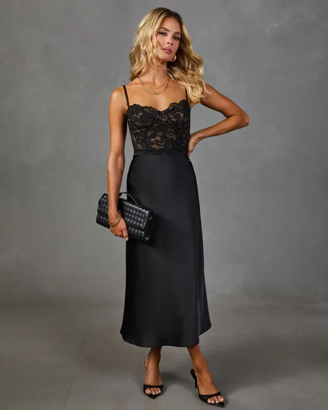 Noir Poise Satin Lace Midi Dress made by Vici