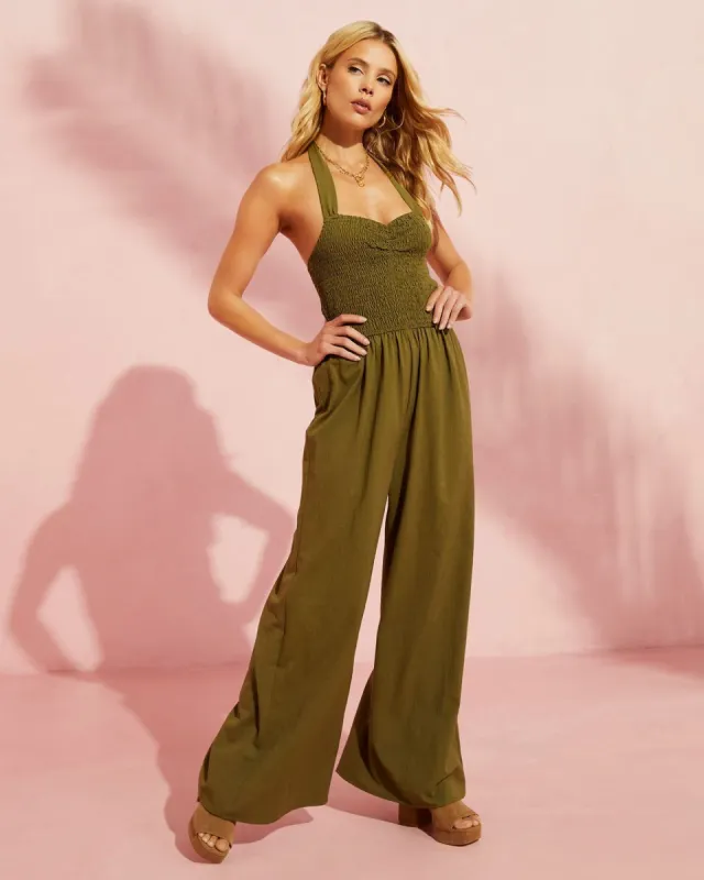 Dovie Smocked Halter Jumpsuit - Olive - FINAL SALE sold by Vici