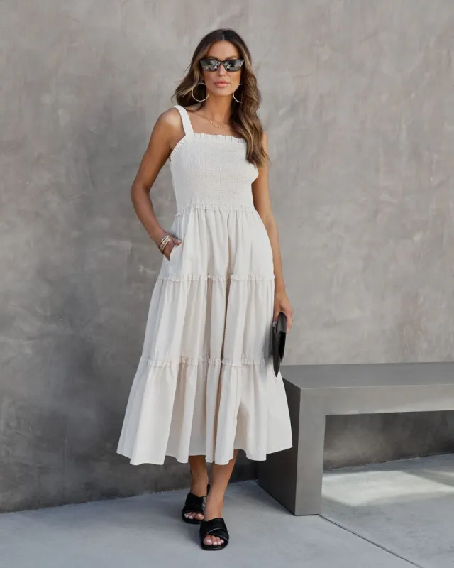 Lorina Smocked Cotton Blend Pocketed Tiered Midi Dress - Ecru - FINAL SALE sold by Vici