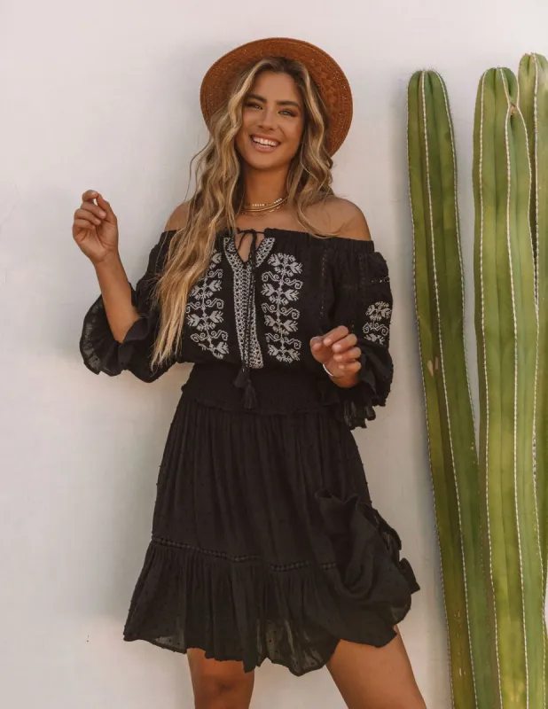 Veranda Embroidered Swiss Dot Off The Shoulder Dress - Black - SALE sold by Vici