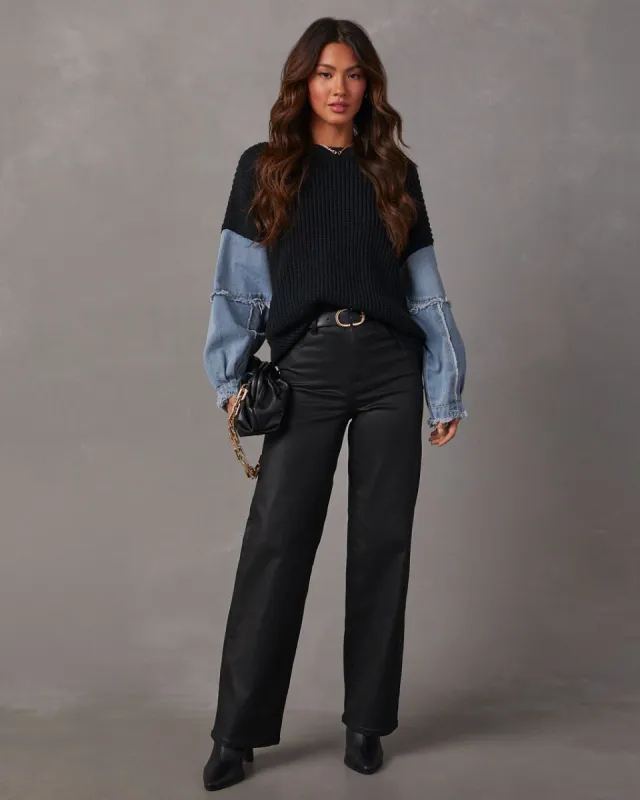 Lazelle Denim Sleeve Crew Neck Sweater sold by Vici