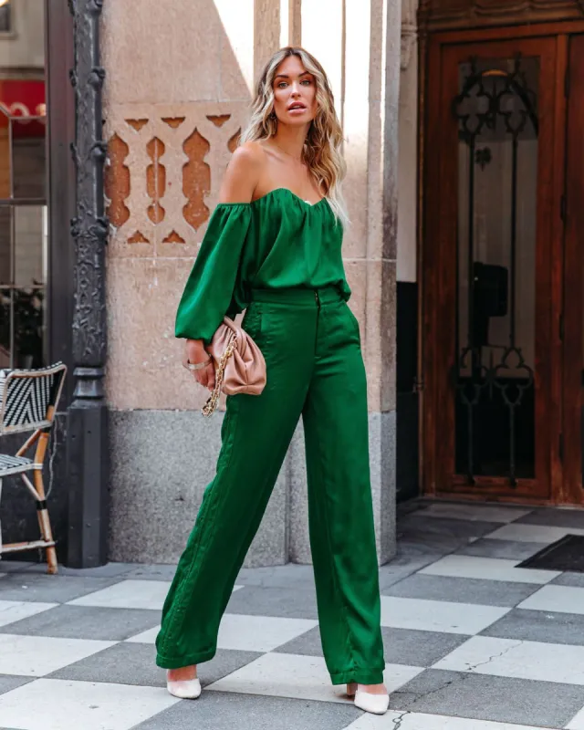 Clockwork Pocketed Satin Wide Leg Trousers - Green - FINAL SALE sold by Vici