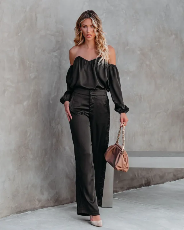 Clockwork Pocketed Satin Wide Leg Trousers - Black - FINAL SALE sold by Vici