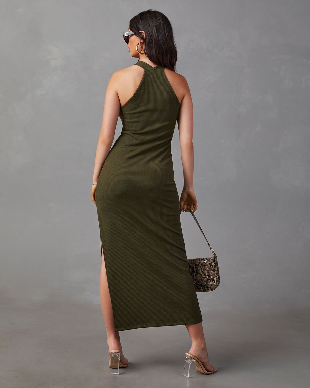 Constancia Ribbed Slit Midi Dress - Olive - SALE sold by Vici product image thumbnail 4