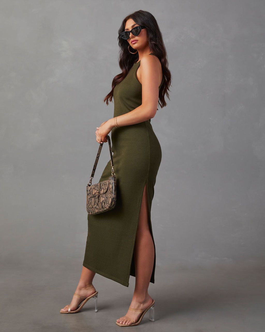 Constancia Ribbed Slit Midi Dress - Olive - SALE sold by Vici product image thumbnail 3