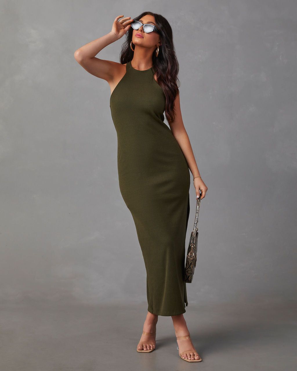 Constancia Ribbed Slit Midi Dress - Olive - SALE sold by Vici product image thumbnail 2