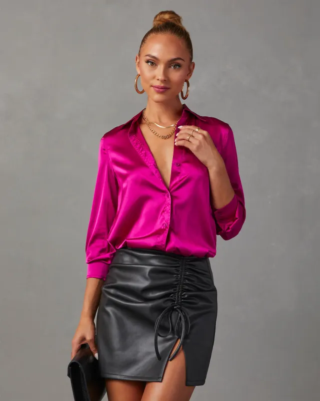 Nadine Satin Button Down Top sold by Vici