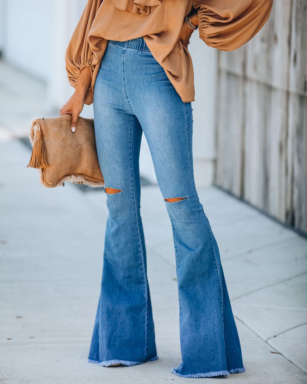 Up + Above Distressed Bell Bottom Denim Pants sold by Vici