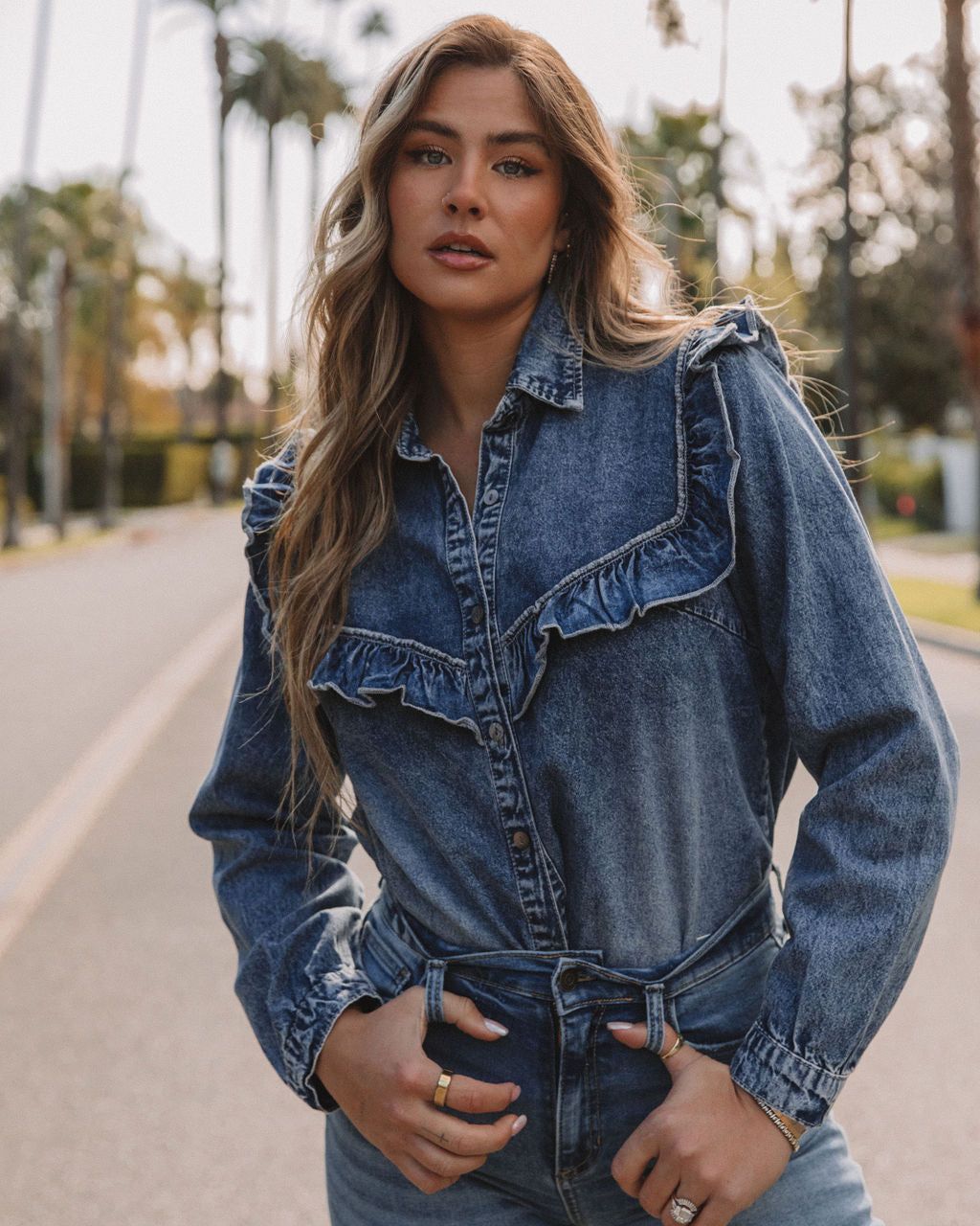 Shelton Denim Ruffle Button Down Top - FINAL SALE sold by Vici