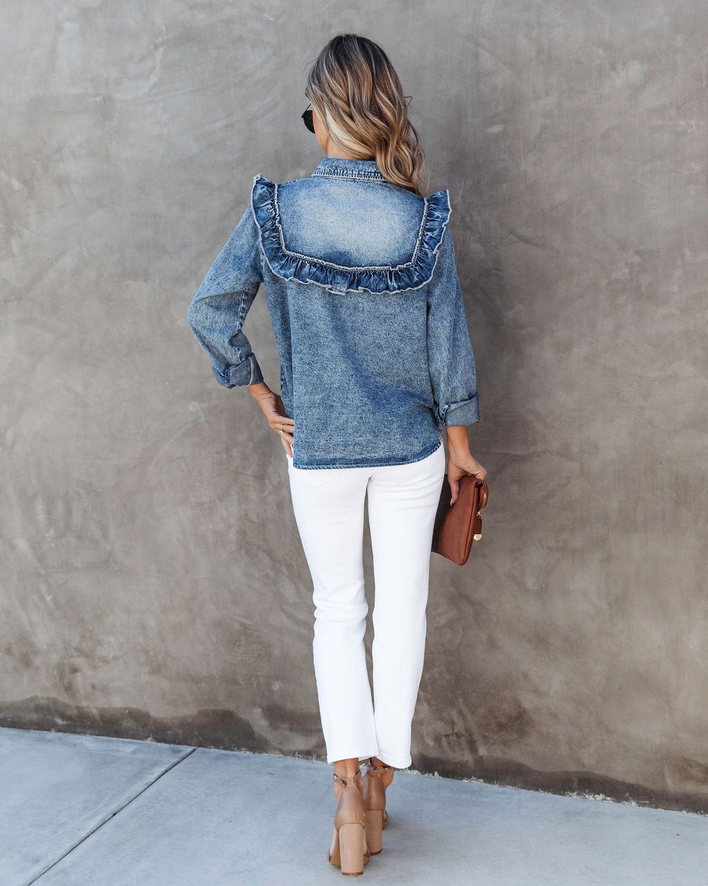 Shelton Denim Ruffle Button Down Top - FINAL SALE sold by Vici product image thumbnail 6