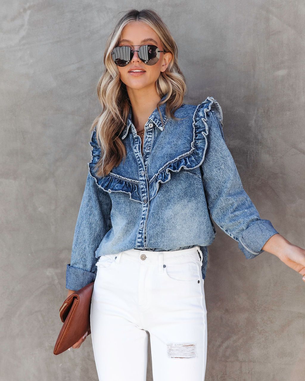 Shelton Denim Ruffle Button Down Top - FINAL SALE sold by Vici product image thumbnail 8