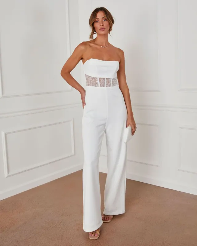 Center Of Attention Strapless Lace Jumpsuit sold by Vici