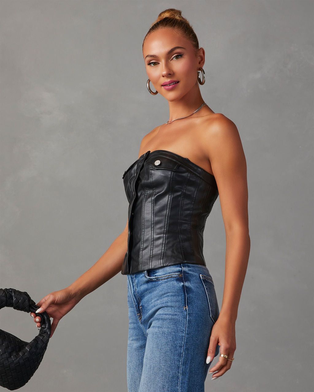 Suzie Faux Leather Button Front Bustier Top - Black sold by Vici product image thumbnail 3