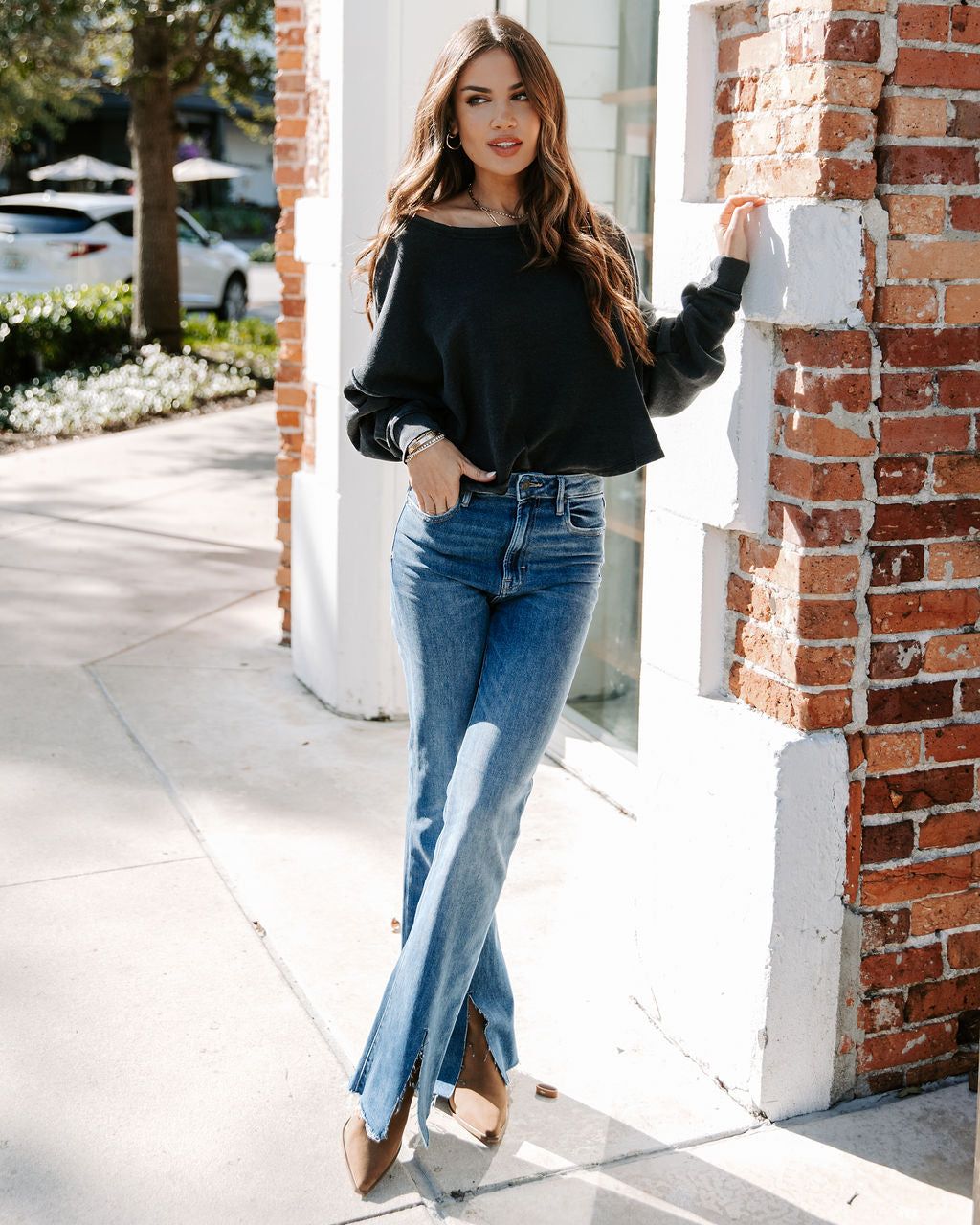 Joey High Rise Stretch Split Hem Flare Jeans sold by Vici