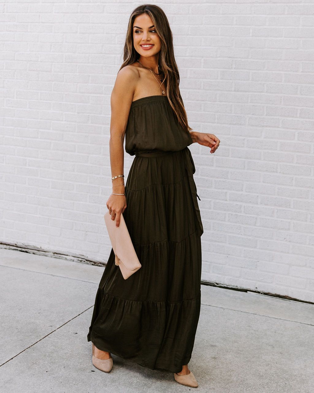 Free Falling Strapless Tiered Maxi Dress - Olive - FINAL SALE sold by Vici product image thumbnail 10