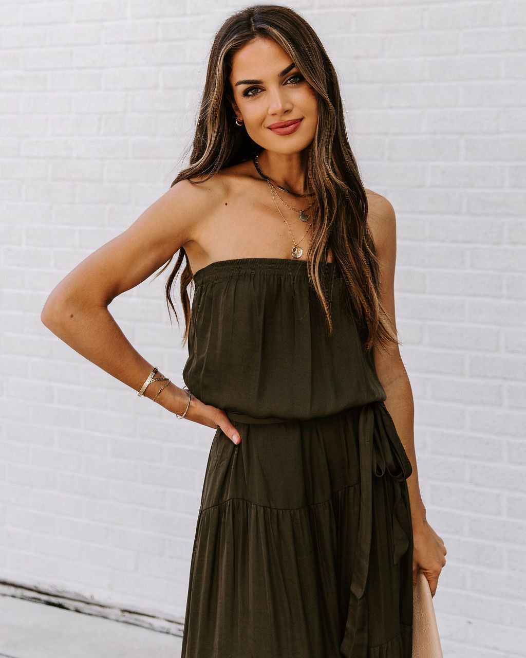 Free Falling Strapless Tiered Maxi Dress - Olive - FINAL SALE sold by Vici product image thumbnail 6