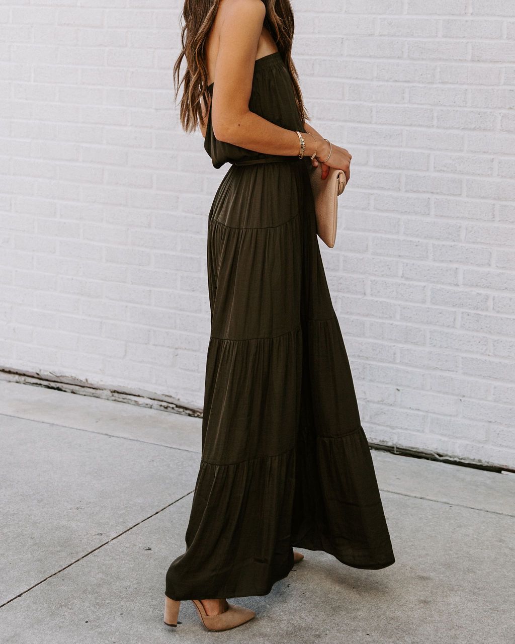 Free Falling Strapless Tiered Maxi Dress - Olive - FINAL SALE sold by Vici product image thumbnail 7