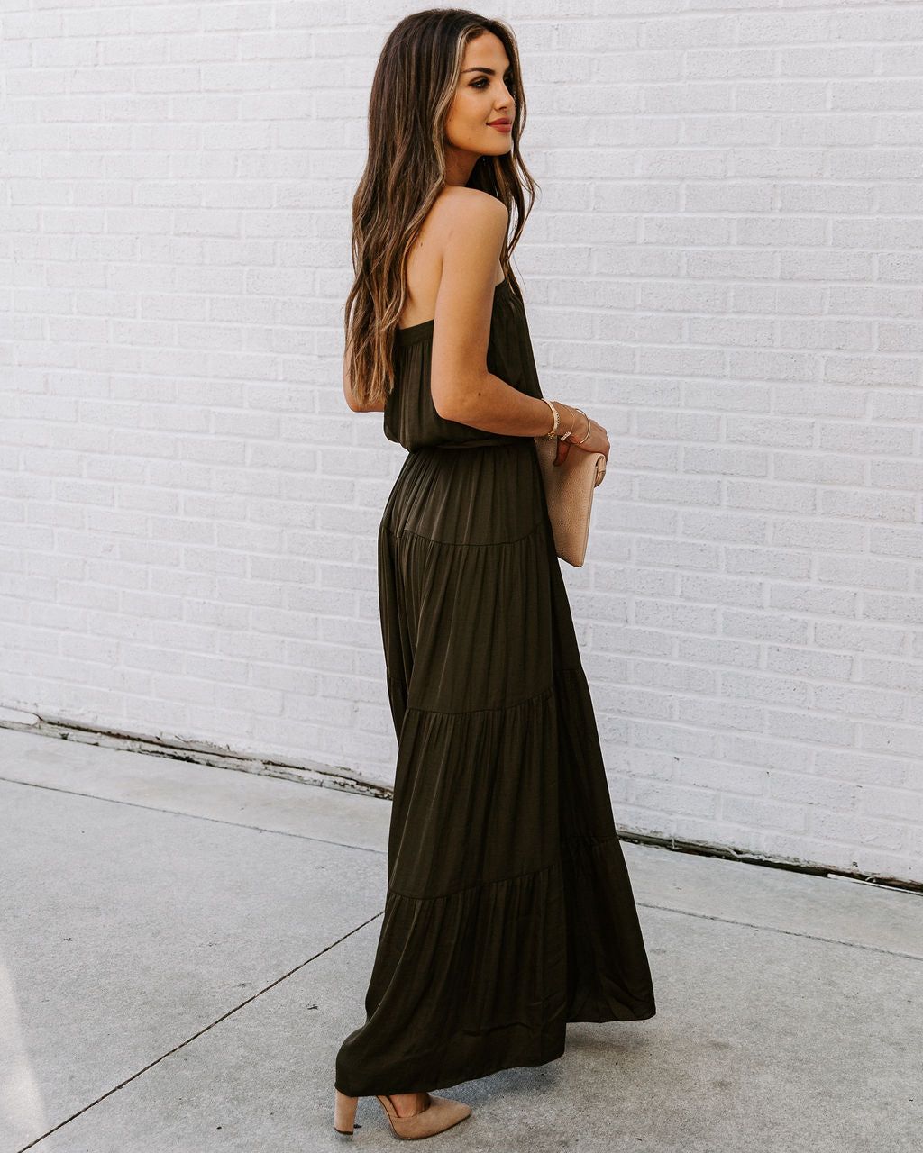 Free Falling Strapless Tiered Maxi Dress - Olive - FINAL SALE sold by Vici product image thumbnail 2
