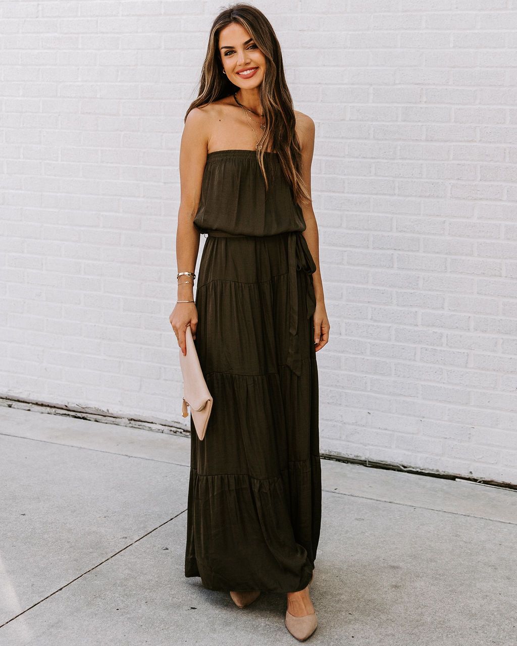 Free Falling Strapless Tiered Maxi Dress - Olive - FINAL SALE sold by Vici product image thumbnail 5