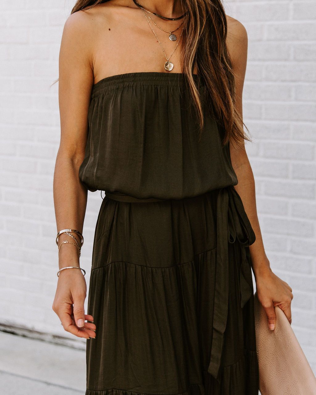 Free Falling Strapless Tiered Maxi Dress - Olive - FINAL SALE sold by Vici product image thumbnail 4