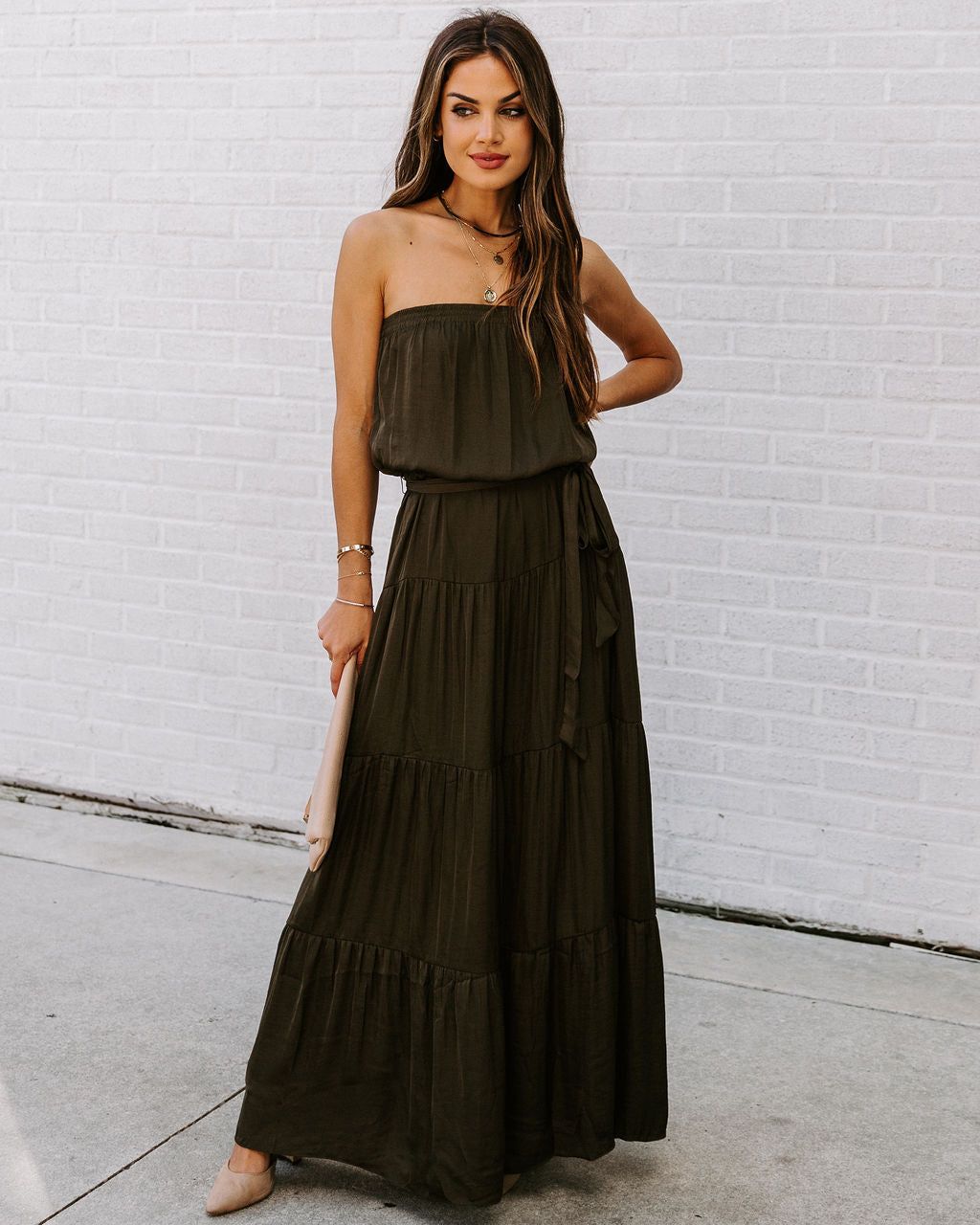 Free Falling Strapless Tiered Maxi Dress - Olive - FINAL SALE sold by Vici product image thumbnail 3