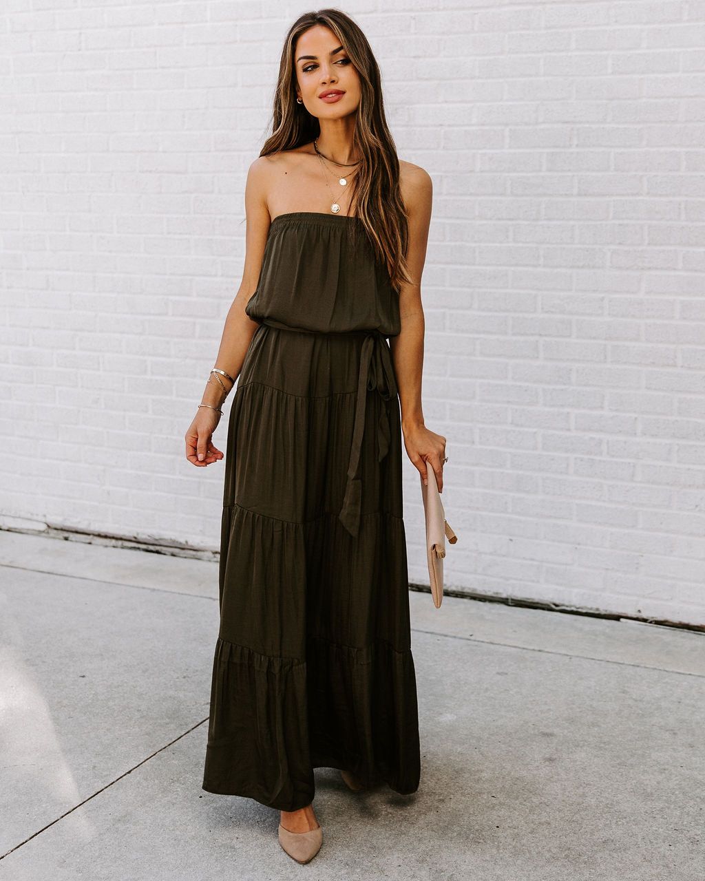 Free Falling Strapless Tiered Maxi Dress - Olive - FINAL SALE sold by Vici product image thumbnail 8