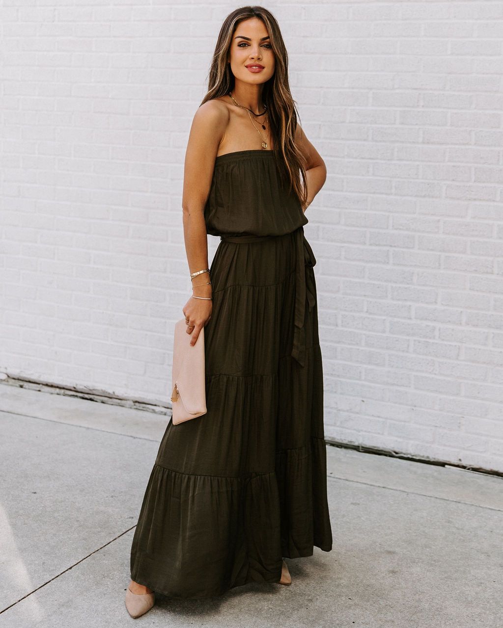 Free Falling Strapless Tiered Maxi Dress - Olive - FINAL SALE sold by Vici product image thumbnail 9