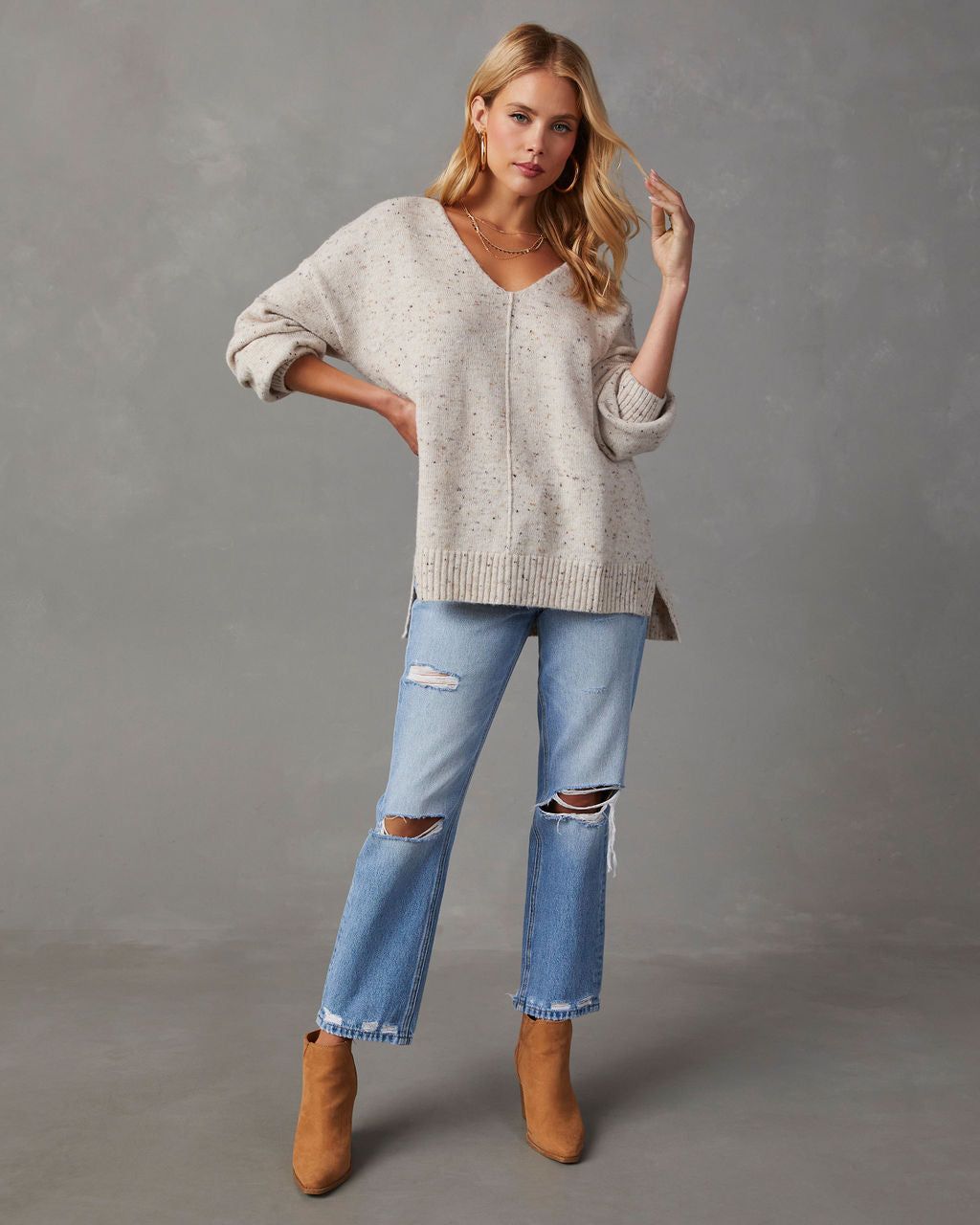 Yulissa Speckled V-Neck Sweater - Oatmeal sold by Vici product image thumbnail 3
