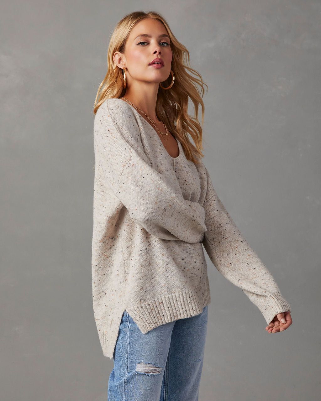 Yulissa Speckled V-Neck Sweater - Oatmeal sold by Vici