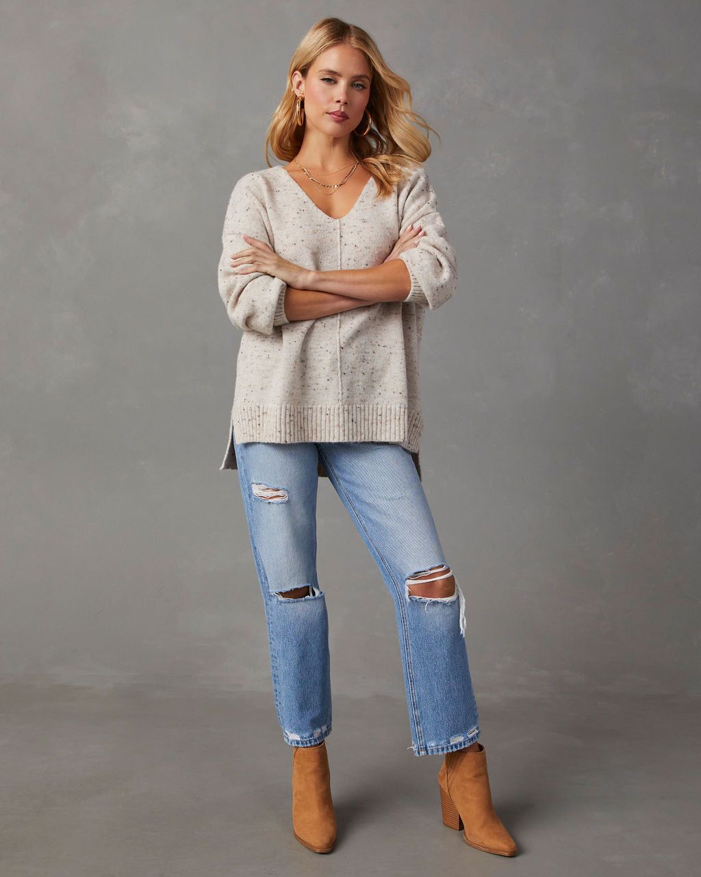 Yulissa Speckled V-Neck Sweater - Oatmeal sold by Vici product image thumbnail 5
