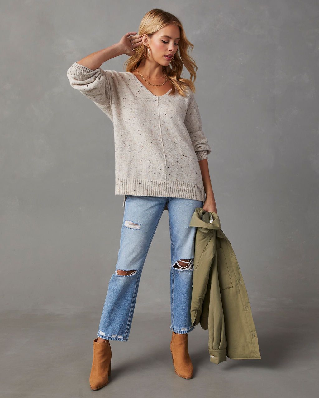 Yulissa Speckled V-Neck Sweater - Oatmeal sold by Vici product image thumbnail 6