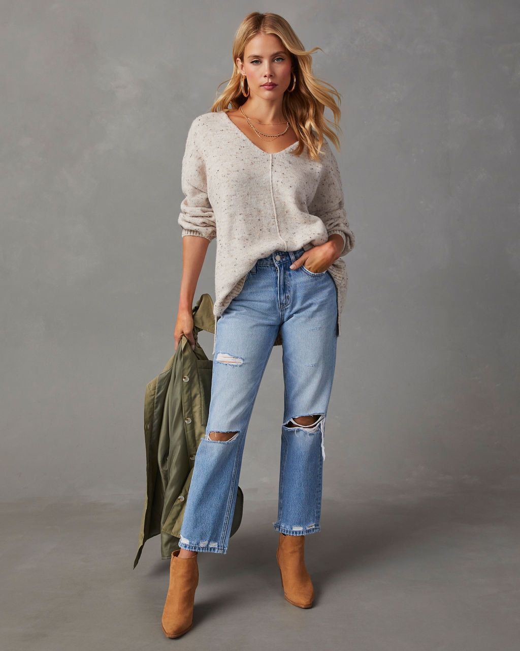 Yulissa Speckled V-Neck Sweater - Oatmeal sold by Vici product image thumbnail 2