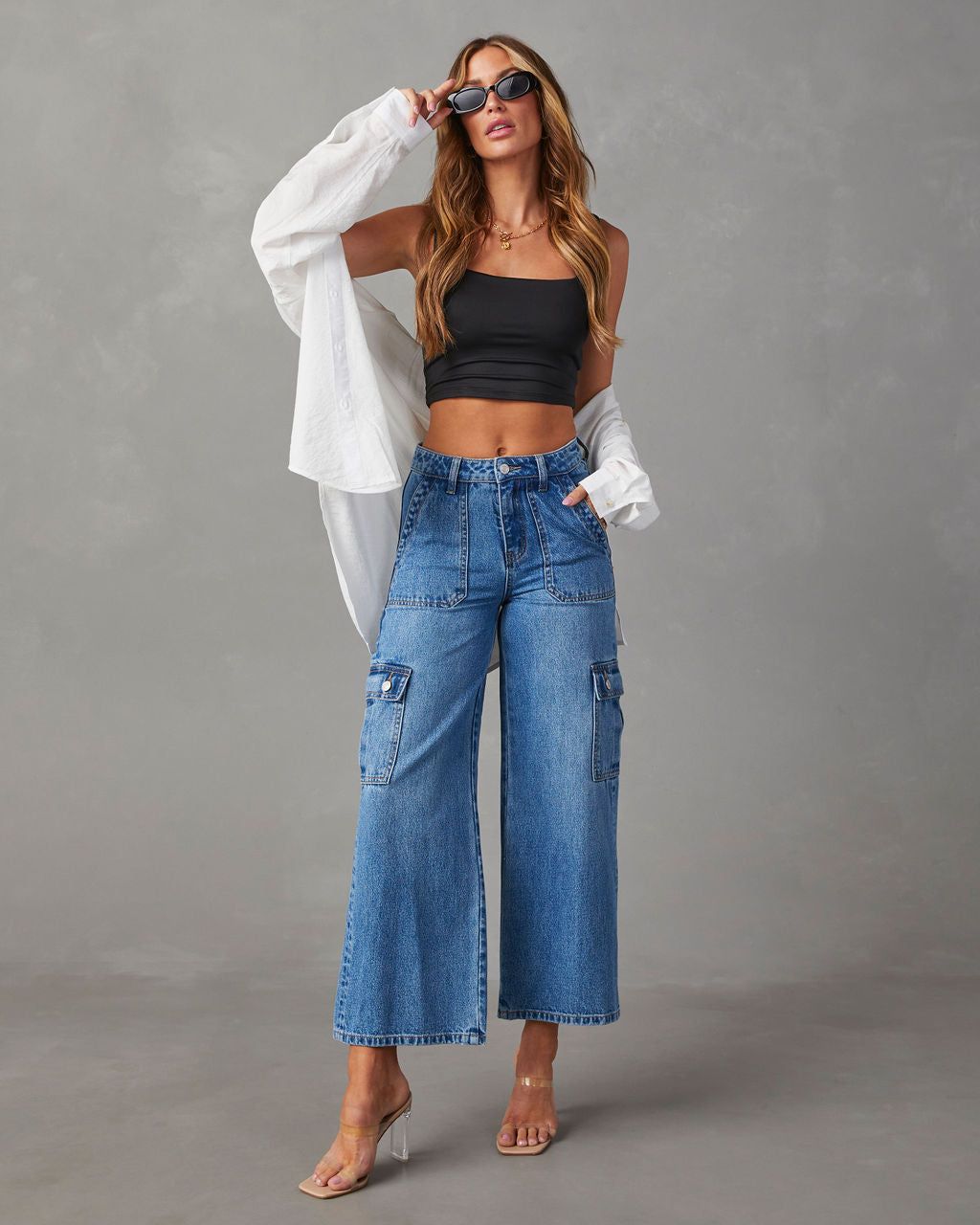 Aliza High Rise Wide Leg Cargo Jeans - Medium Wash sold by Vici
