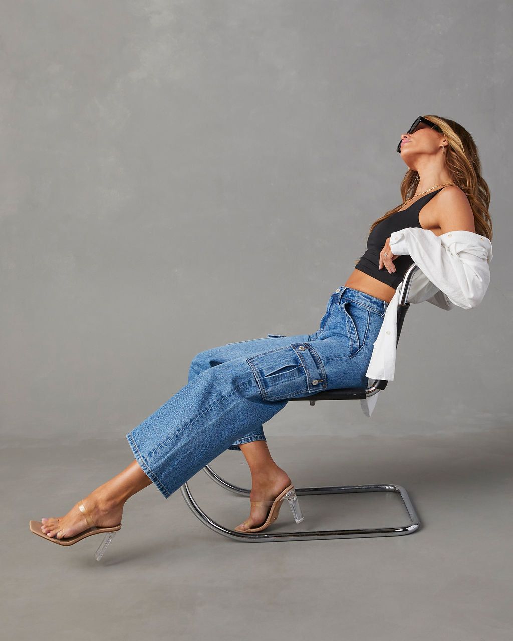 Aliza High Rise Wide Leg Cargo Jeans - Medium Wash sold by Vici product image thumbnail 6