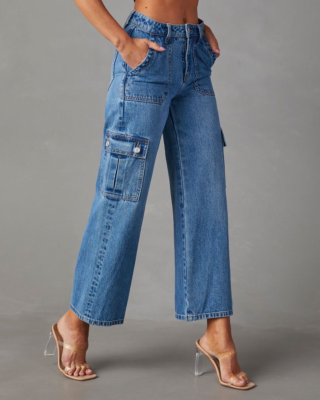 Aliza High Rise Wide Leg Cargo Jeans - Medium Wash sold by Vici product image thumbnail 2