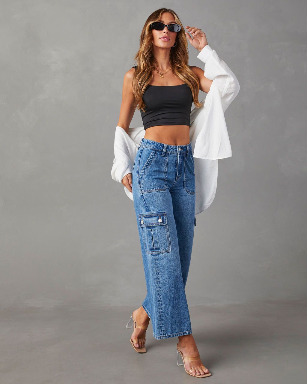 Aliza High Rise Wide Leg Cargo Jeans - Medium Wash sold by Vici product image thumbnail 3