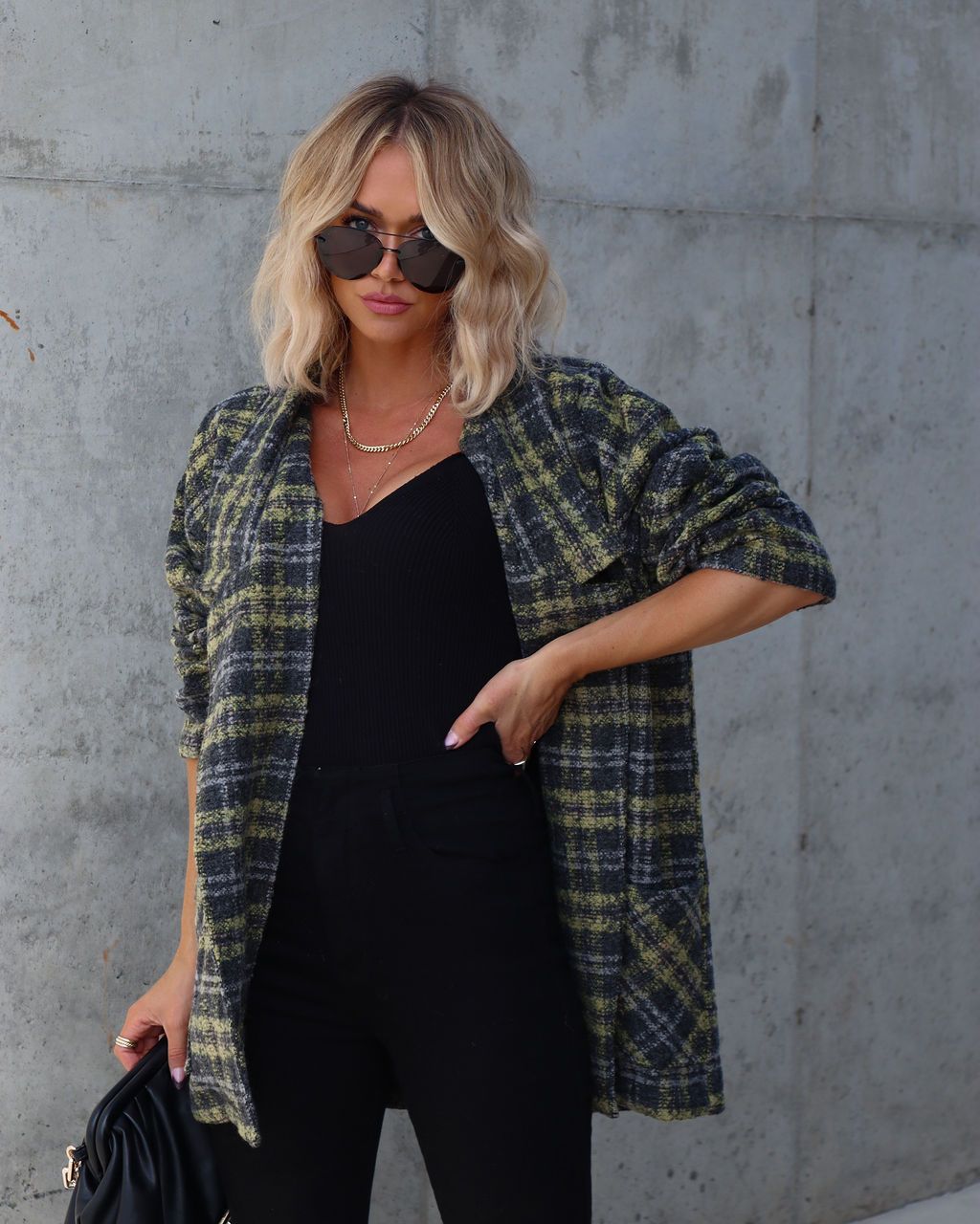 Please Stand Up Pocketed Plaid Coat sold by Vici