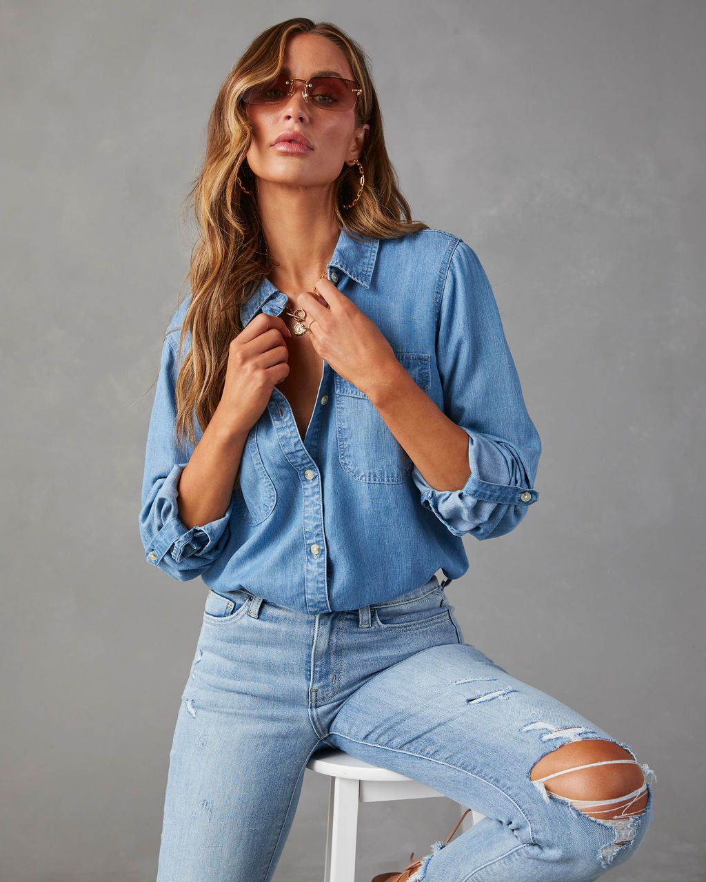 Saligh Pocketed Button Down Top - Blue - SALE sold by Vici product image thumbnail 5