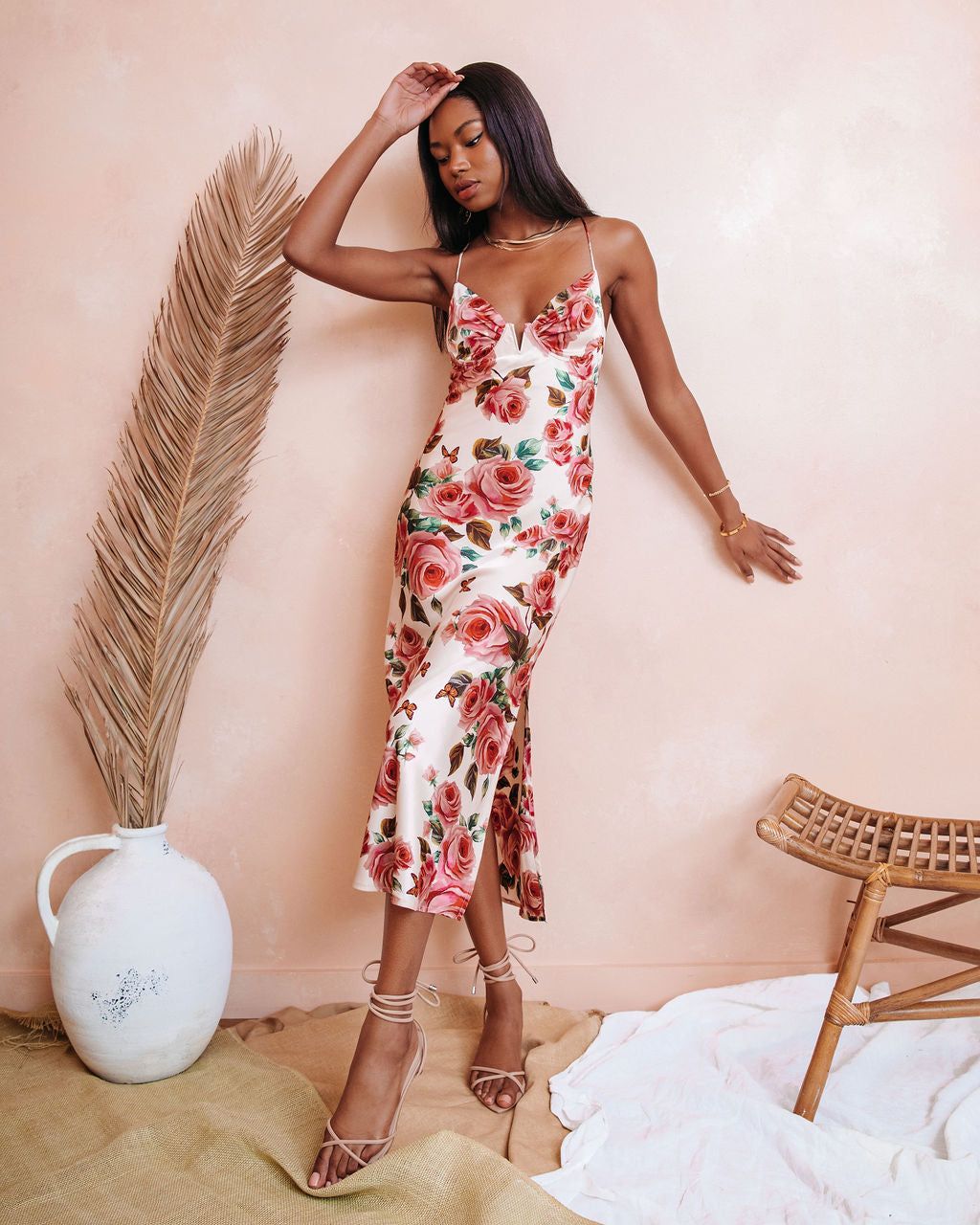 Feeling Butterflies Floral Satin Midi Dress sold by Vici
